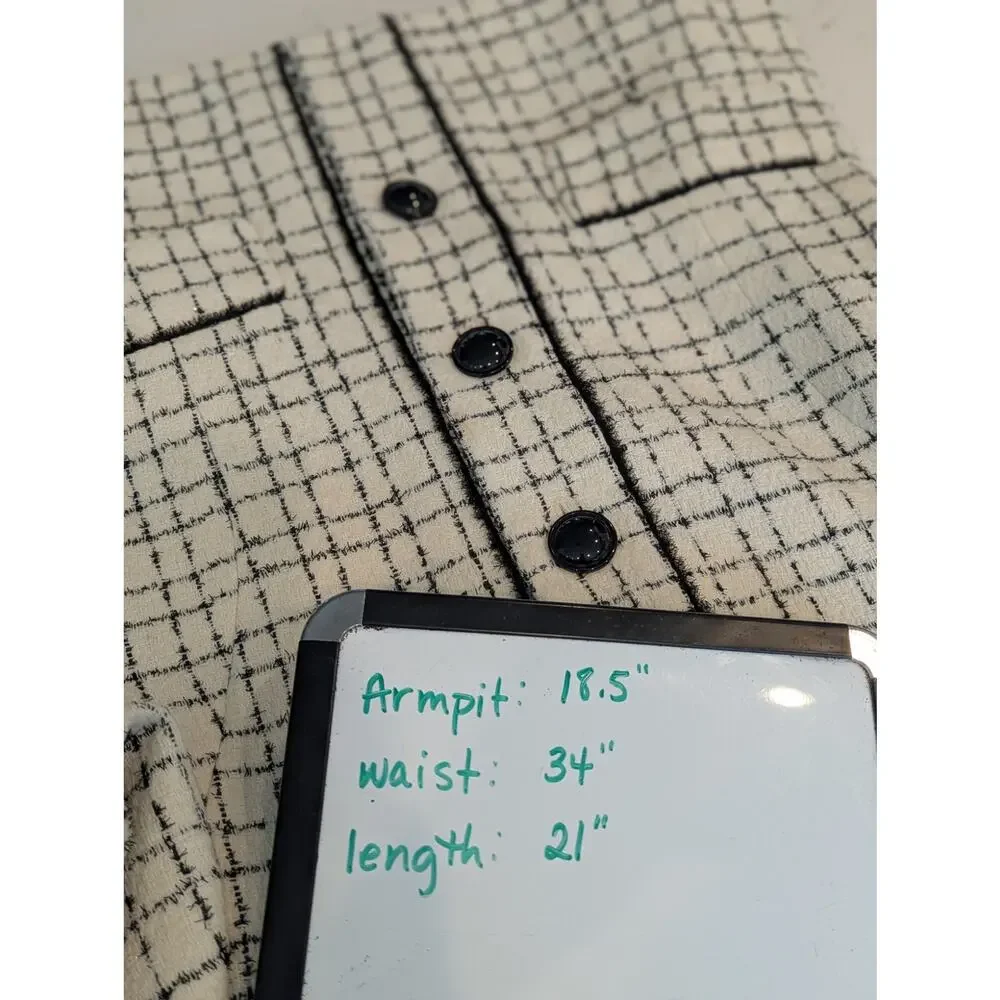 Kasper Tweed Plaid Jacket Blazer 6 Ivory Black Trim Collarless Chanel Style